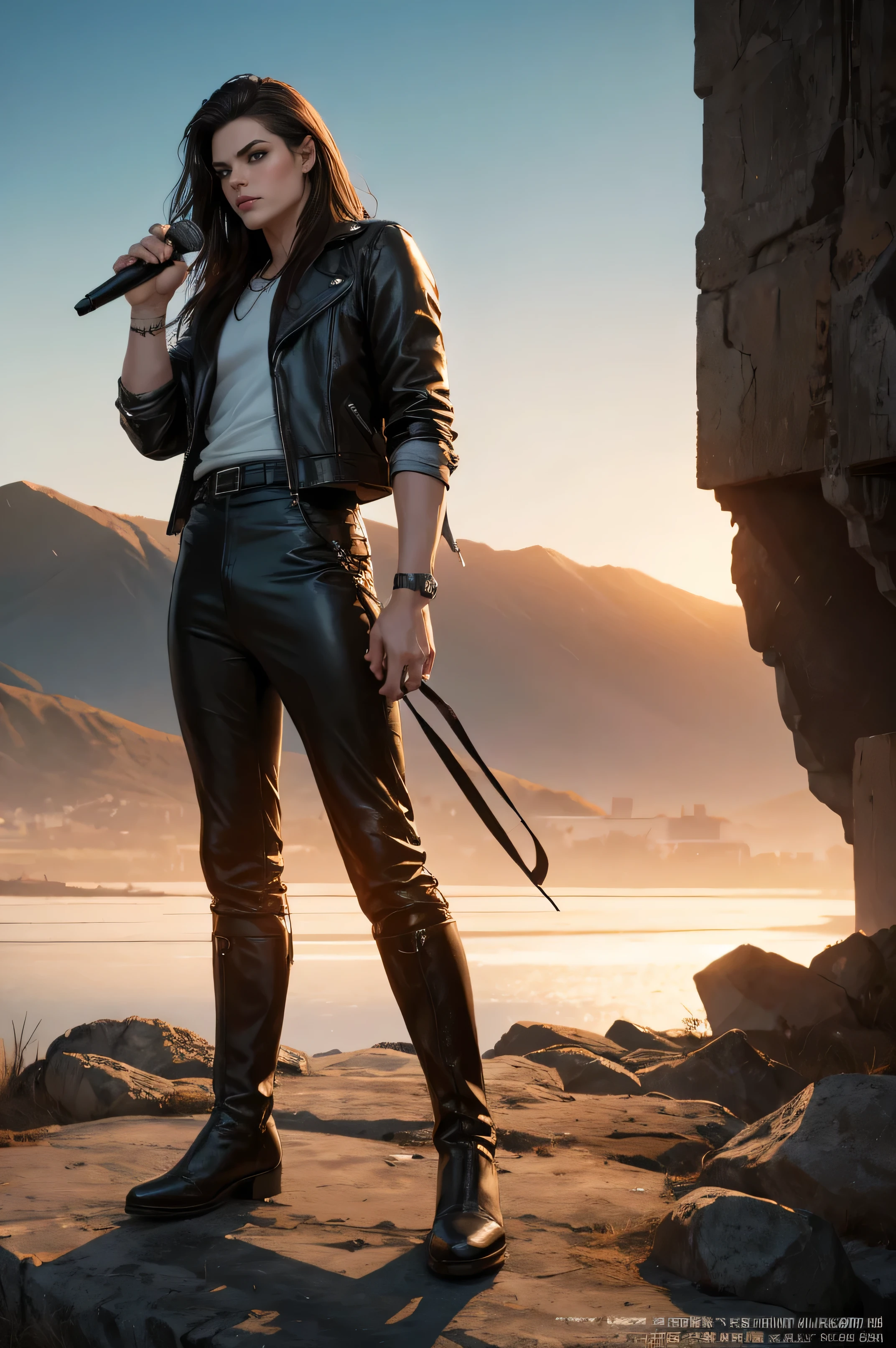 (Concept Art), ((Full body view))、masterpiece, Highest quality, Realistic, 8K RAW Photos, Tarot Card Style, Absurd iris texture, Accurate anatomy, To the audience, Cowboy Shot, (Realistic:1.5) , Perfect body, Attractive face、,Perfect Face,, 19 years old、美juvenile、Mature Face、Michael Jackson Style、Sharp Eye､very wide eyes、White skin and dark hair、((neutral))、Long Hair、Center parted hair、Disheveled Hair、The bangs cover the right eye、Long legs、black eye, Long legs, Long black hair, Edge lighting,、Slender body､juvenile、Tight waist、Rock Stage、(His name is the Great Horned Hawk.･Kadoma Daioh),grabbing a microphone、Bow legs、leather jacket、Leather pan、Leather Jumpsuit、Knee-high boots、Dark fantasy,Rock band backing band、