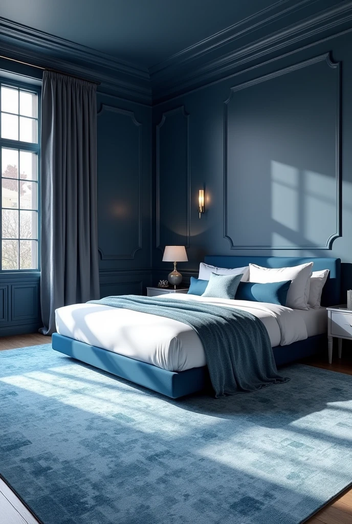 Professional 3d architecture rendering design of modern and Dark blue and white French design for bedroom and light blue Persian silk carpet