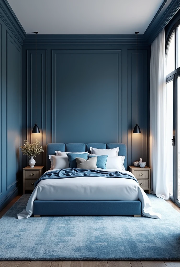 Professional 3d architecture rendering design of modern and Dark blue and white French design for bedroom and light blue Persian silk carpet