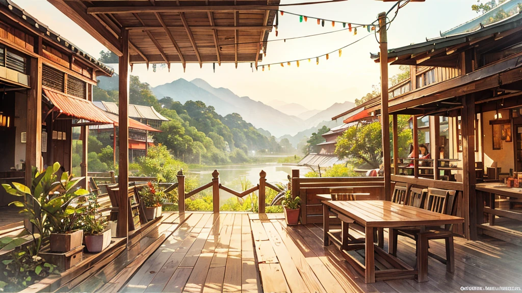 Super Water colour art. A 45-degree landscape shot of the interior of a traditional Thai coffee shop, located in a corner of a rural pathway in Thailand. Cinematic 2k.