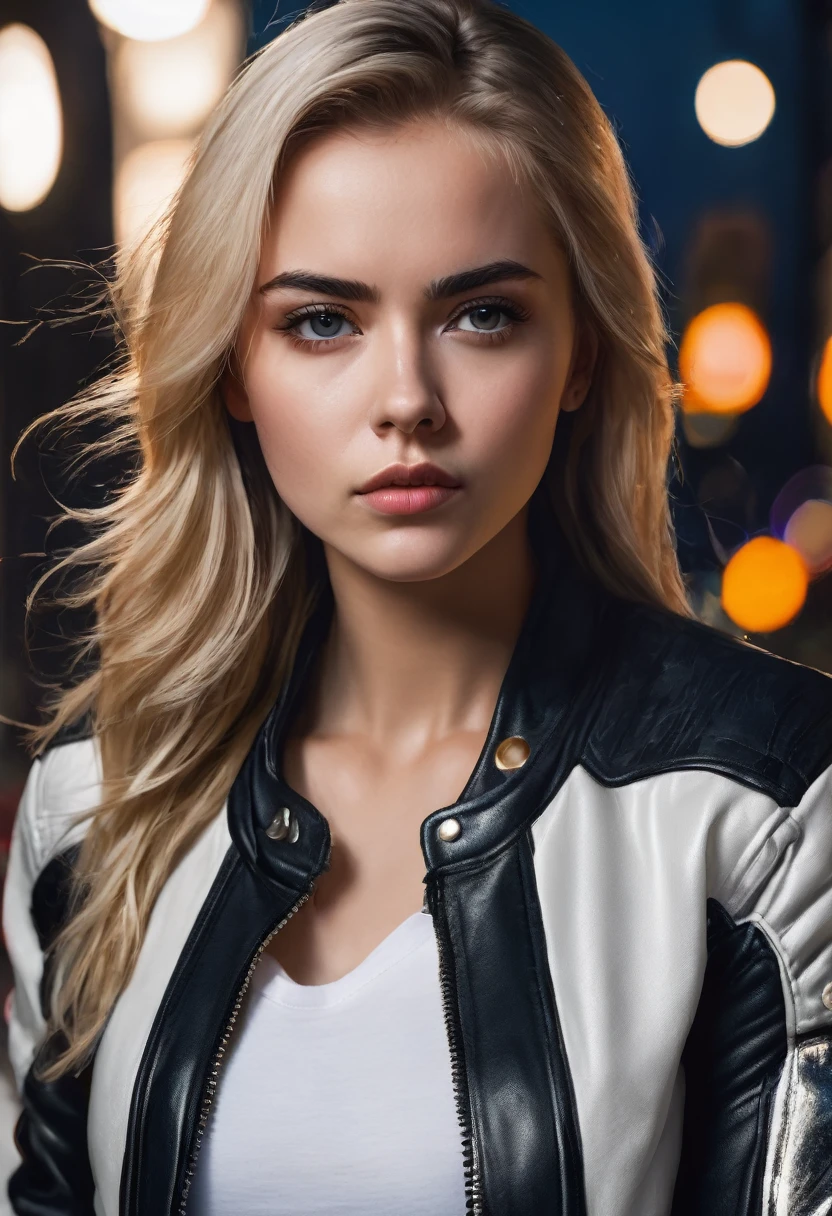 (good quality), (many details), (masterpiece), young woman with strict blond hair in motorcycle jacket, white t-shirt, american, slim, serious face, hard look, at night