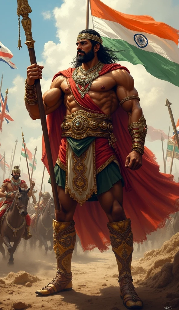 muscular indian king with indian flag killing the britishers