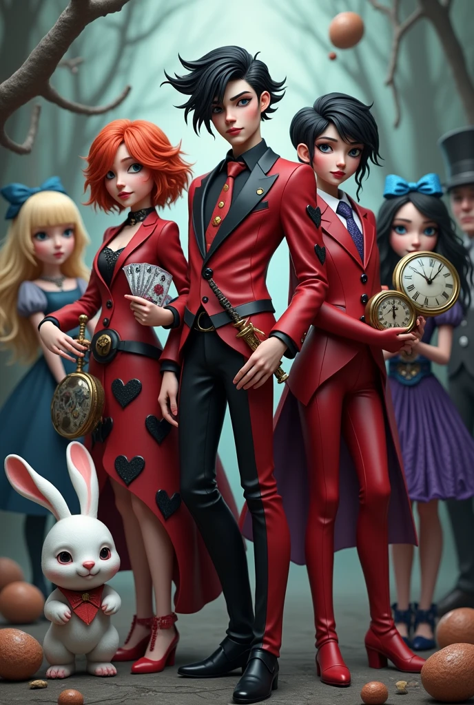 A young man with black and red hair,red and black suit and design of black and red hearts ,with a deck of cards in his hand and a sword in the other ,behind her a woman with red hair and a red suit with a design of black hearts,On one side a white rabbit with a clock,on the other side a girl with black hair and blue eyes and a violet dress, A blonde girl in a blue dress with a blue band in her hair and behind her a man in a suit with a large hat.
Real 3d human characters