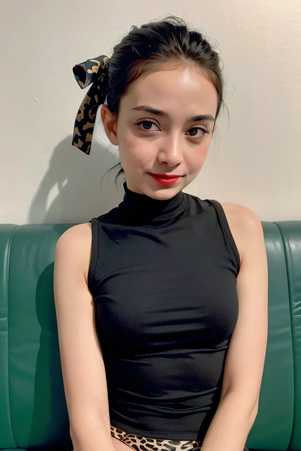 (((SAD FACE EXPRESSION:1.1)), ((NECK LCE RIBBON)), ((GOTHIC BLACK EYELASHES & LIPS)), ((BLACK LIPS)), ((Very stylo Shorthaircut)), adorable, 1 girl, (face to face), , baby face, happy, half body portrait, (face details: 1), (eye details: 1), ((tiny breasts)). ((croptank leopard pattern)), ((net stockings)), lingerie ((red lips)), view from lie down