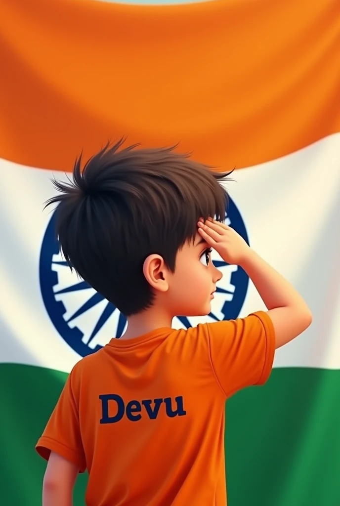 A boy whose t-shirt has Devu written on the back and the colour of his t-shirt is orange, he is saluting the Indian flag but his hand is on his forehead