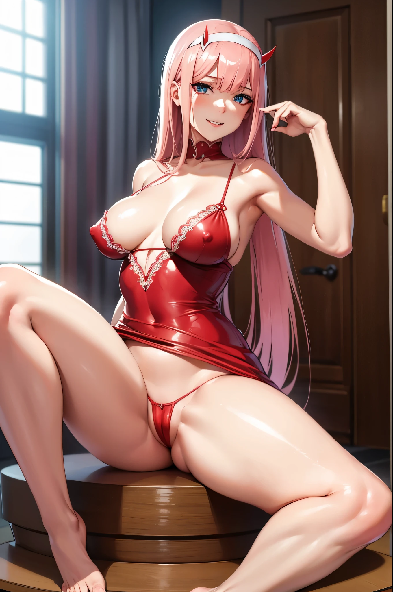 NSFW, (girl),((optimal quality)), ((Masterpiece)), (A detailed: 1.4),face red,perspire,showing niples, The ultimate masterpiece,(fidelity:1.2),(sexy),(Huge chest), Open crotch, Open legs, (Smooth: 1.1), (Cutes: 0.9), (shiny: 1.1),, red lips, cute girl, anime, cute pose, super small transparent lace lingerie,g string mini thong, (big breast), big ass, detailed lines, 8k image, no blur, perfect realistic nipples, sexy closed smile, erotic, zero two from darling in the franxx anime, detailed realistic vagina, all wet from orgasm, michievous smile, hottest girl in the world, dominant gestures, super small short dress, in a classroom, (half naked)