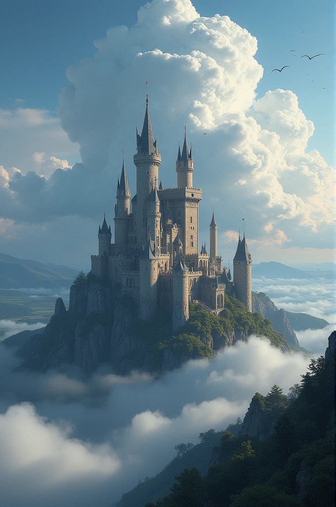 Clouds around castle with wide landscape 