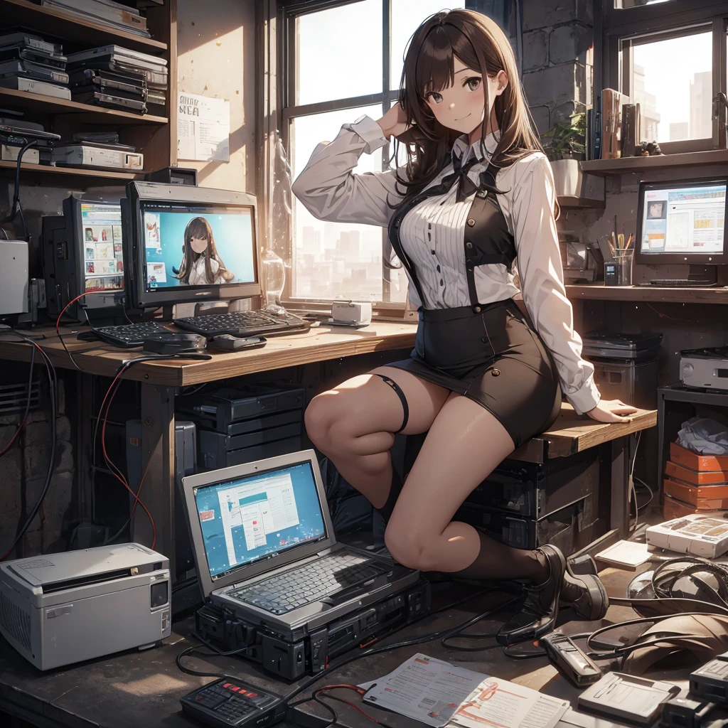 The heat doesn't change even after the sun goes down... I tried to revive a junk PC for the first time in a while, but it didn't work this time. There are days like this...pantyshot, long brown hair, office lady, 1girl, amazing, girl, 30 years old, house wiife, warm smile, hourglass figure,