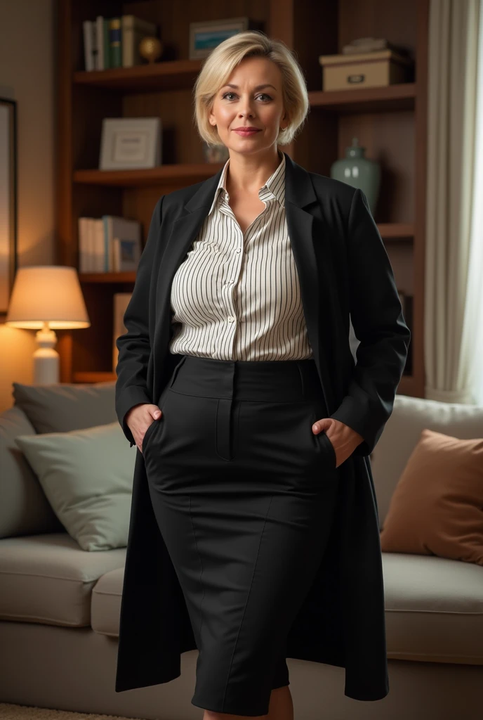 A middle-aged woman, wearing a black coat, a white striped blouse and a long skirt, dressed professionally and correctly, standing in a living room with bookshelves and a sofa in the background. short blonde haire. She has an hourglass figure, very massive breasts. ,Wide hips (implants), Prominent buttocks (implants), she is slim