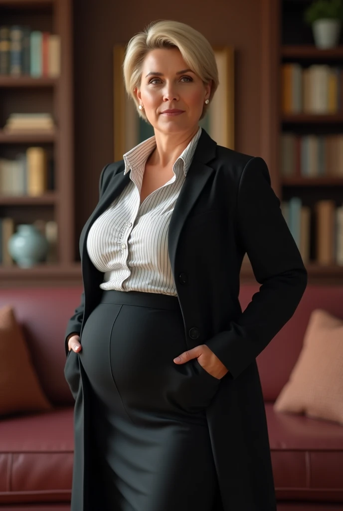 A middle-aged woman, wearing a black coat, a white striped blouse and a long skirt, dressed professionally and correctly, standing in a living room with bookshelves and a sofa in the background. short blonde haire. She has an hourglass figure, very massive breasts. ,Wide hips (implants), Prominent buttocks (implants), she is slim