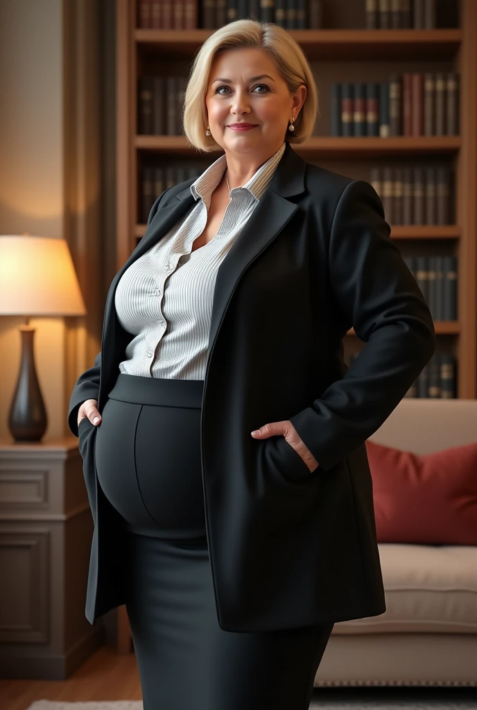 A middle-aged woman, wearing a black coat, a white striped blouse and a long skirt, dressed professionally and correctly, standing in a living room with bookshelves and a sofa in the background. short blonde haire. She has an hourglass figure, very massive breasts. ,Wide hips (implants), Prominent buttocks (implants), she is slim