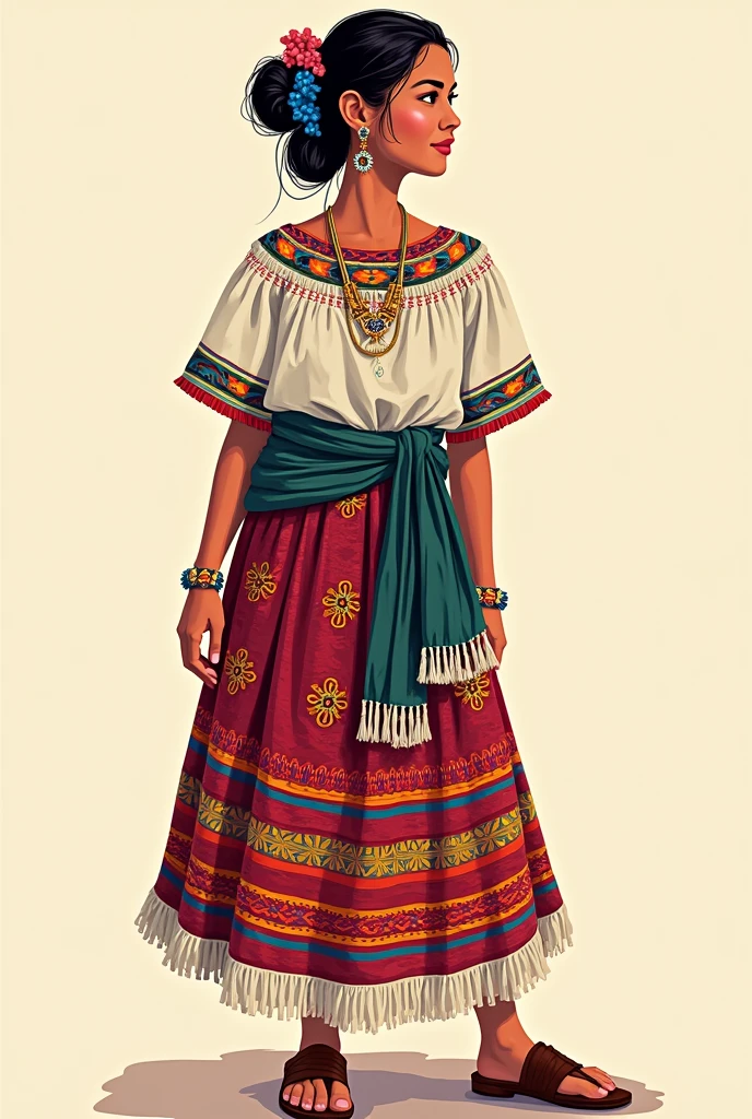 simple popular illustration of a young Guatemalan woman wearing Guatemalan clothing cut,huipil and faja walking sideways if it's the clothing of Tecpan Guatemala better and that it shows that she is wearing jewelry