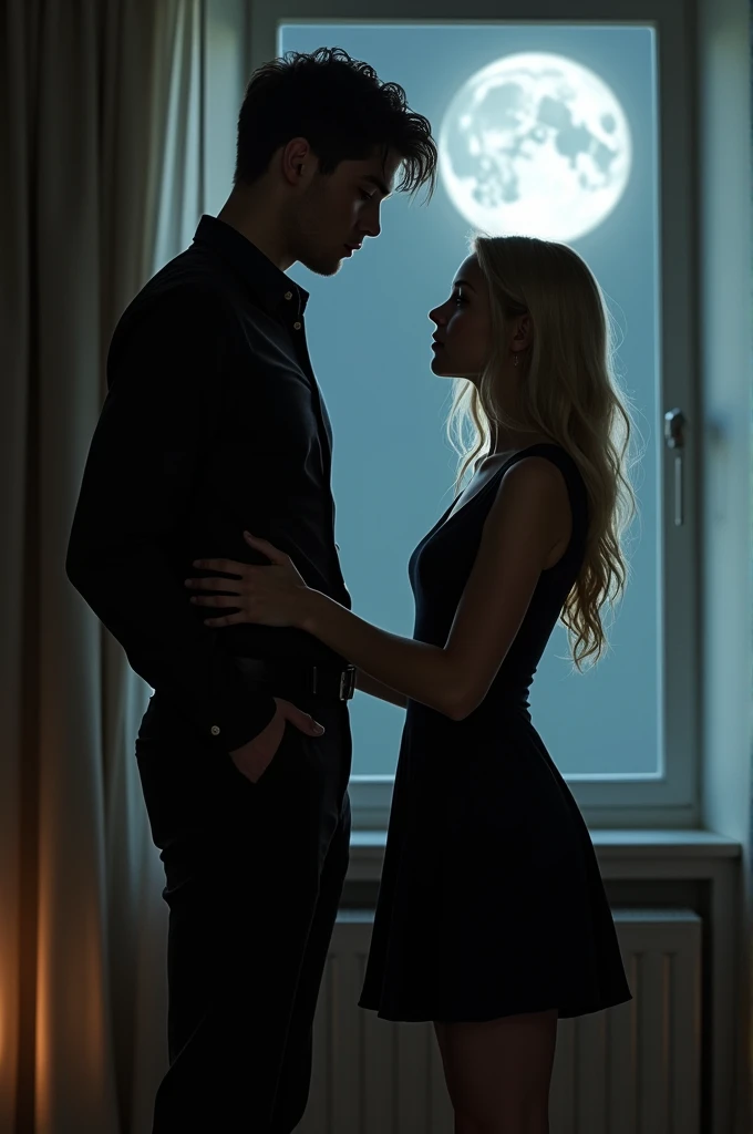 couple, the boy is tall, black hair, well-built, He's dressed in a black dress shirt and black dress pants; the girl is short, blonde, Long hair, of medium build, She's wearing a black dress above her knees; they are in a room under the moonlight coming in through the window, He with his hands on his waist and she with hers on her chest