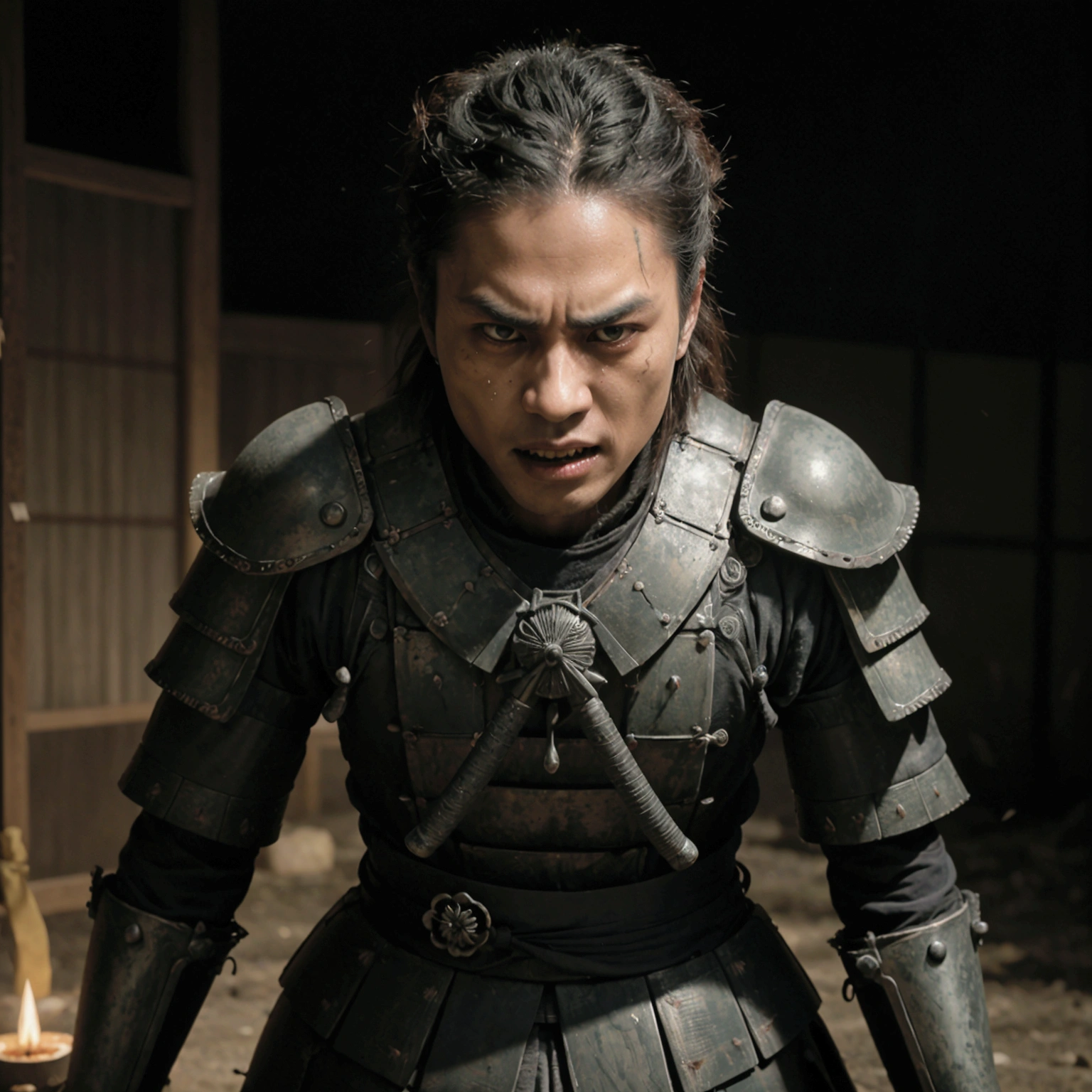 Create a cinematic horror scene with a hyperealistic close up of a samurai skeleton in the foreground, in an aggressive attack stance, his expression screaming in anger, raising his katana in a threat to attack. The samurai wears elegant, ornate armor with intricate filigree decorations that glow dimly in the dim light. The katana, also adorned with detailed engravings, stands menacingly. The background reveals a ruined traditional Japanese village, shrouded in darkness under a moonlit night. The village is eerie and desolate, with shadows casting sinister shapes across the broken structures. The samurai's expression is an eerie mix of rage and determination, with the skeletal features illuminated by a cold, ghostly light. To achieve a realistic, cinematic look, use a high-end digital cinema camera with a full-frame sensor to capture the scene in ultra-high definition. A 50mm f/1.4 lens should be used to create a shallow depth of field, keeping the samurai sharply in focus while the background is slightly blurred, adding depth and drawing attention "The scene should be lit with a combination of soft moonlight and flickering torches, creating deep shadows and highlights that enhance the eerie atmosphere. Use an ISO of 400 to maintain detail in the low-light conditions, with an aperture of f/2.8 to balance the light, allowing the intricate details of the armour to be visible without overexposing the highlights. The shutter speed should be slow enough to capture the ambient light, but fast enough to freeze the movement of the samurai, creating a sharp and dynamic image. Colour grading should emphasise cool tones, with desaturated colours and a slight green tint to enhance the horror film feel, whilst contrast is increased to deepen the shadows and highlight the filigree details of the armou