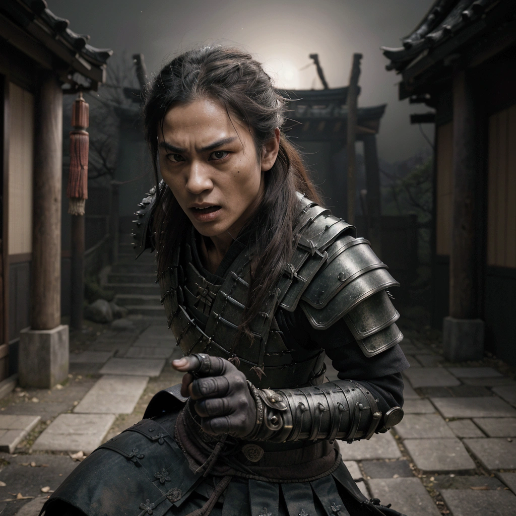 Create a cinematic horror scene with a hyperealistic close up of a samurai skeleton in the foreground, in an aggressive attack stance, his expression screaming in anger, raising his katana in a threat to attack. The samurai wears elegant, ornate armor with intricate filigree decorations that glow dimly in the dim light. The katana, also adorned with detailed engravings, stands menacingly. The background reveals a ruined traditional Japanese village, shrouded in darkness under a moonlit night. The village is eerie and desolate, with shadows casting sinister shapes across the broken structures. The samurai's expression is an eerie mix of rage and determination, with the skeletal features illuminated by a cold, ghostly light. To achieve a realistic, cinematic look, use a high-end digital cinema camera with a full-frame sensor to capture the scene in ultra-high definition. A 50mm f/1.4 lens should be used to create a shallow depth of field, keeping the samurai sharply in focus while the background is slightly blurred, adding depth and drawing attention "The scene should be lit with a combination of soft moonlight and flickering torches, creating deep shadows and highlights that enhance the eerie atmosphere. Use an ISO of 400 to maintain detail in the low-light conditions, with an aperture of f/2.8 to balance the light, allowing the intricate details of the armour to be visible without overexposing the highlights. The shutter speed should be slow enough to capture the ambient light, but fast enough to freeze the movement of the samurai, creating a sharp and dynamic image. Colour grading should emphasise cool tones, with desaturated colours and a slight green tint to enhance the horror film feel, whilst contrast is increased to deepen the shadows and highlight the filigree details of the armou