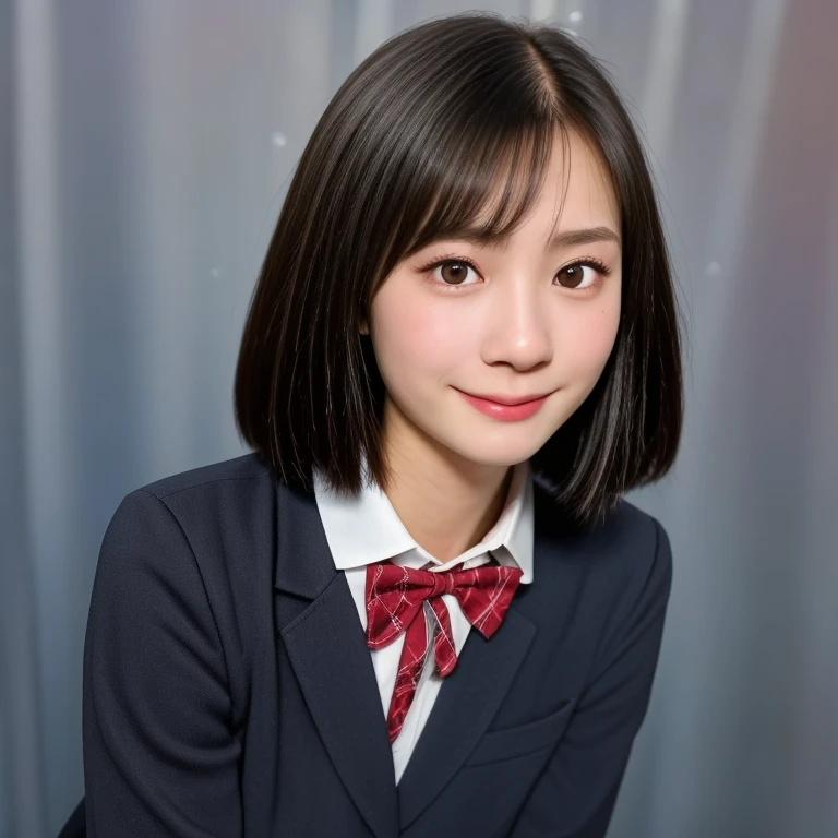 (kawaii 18 year-old Japanese girl is standing on the floor, leaning forward, reaching two hands for one's knees, Nogizaka idol, Korean idol), healthy female athlete body, (glossy black hair, short hair, pixie cut, bangs:1.3), (rounded face, pure black eyes, single eyelid, no makeup, splashing smile:1.2), (wearing Japanese school uniforms, blazer jacket, collared shirt, bow tie:1.3), extra small breasts, (plaid skirt, bare thighs visible:1.2), BREAK, (simple grey background:1.3), (dynamic angle, cowboy shot, thigh focus:1.2), BREAK, (masterpiece, best quality, photo realistic, official art:1.4), (UHD, 8K quality wallpaper, high resolution, raw photo, golden ratio:1.3), (shiny skin), professional lighting, physically based rendering, award winning, (highly detailed skin, extremely detailed face and eyes, anatomically correct body), Carl Zeiss 85 mm F/1.4, depth of field, 1girl, solo,