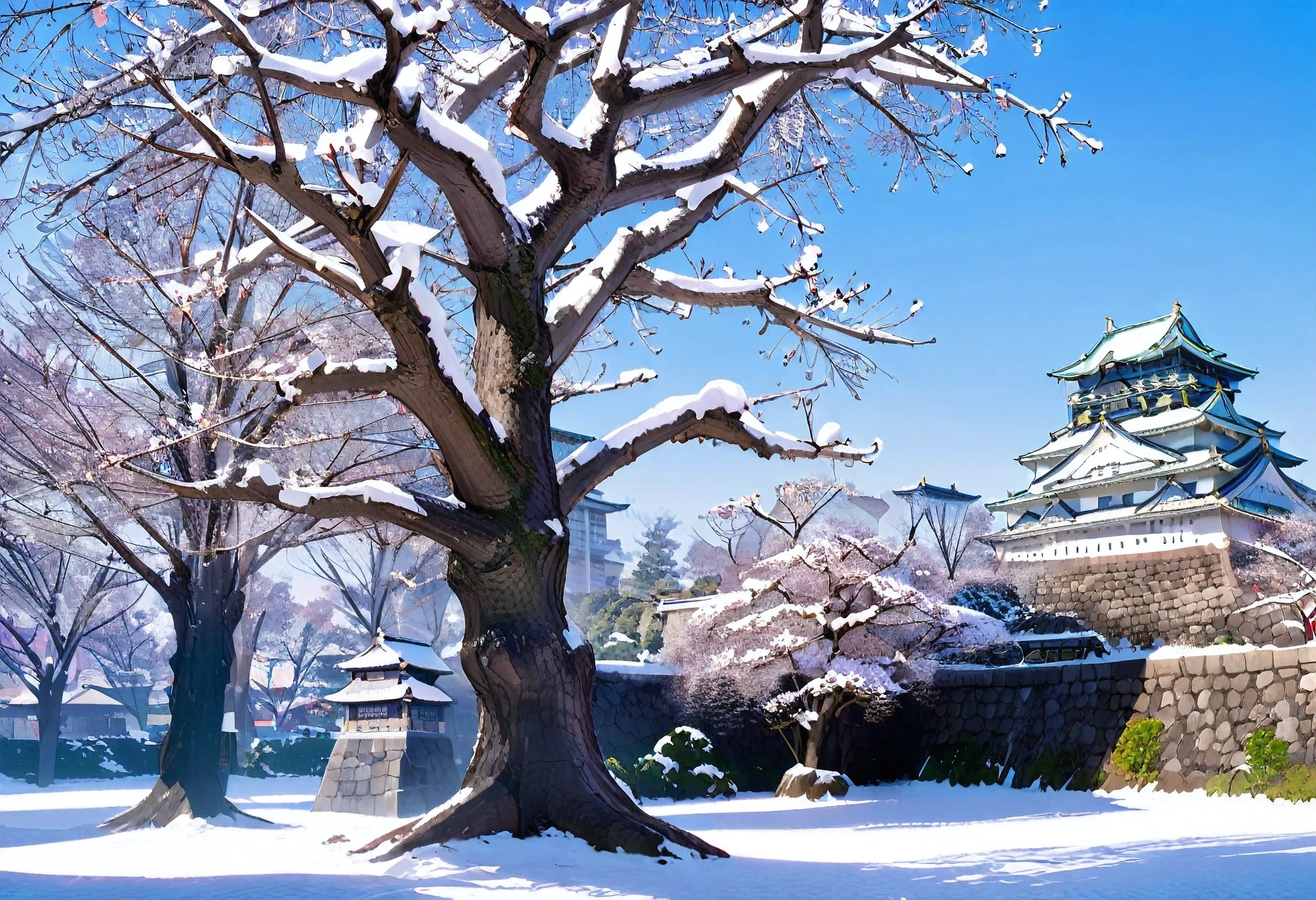 masterpiece, Highest quality, so beautiful, Absurd,
Nagoya Castle, scenery, winter, Snow is falling, the sky, Outdoor, wood, architecture, east asian architecture, Blue Sky, Day, building, Pagoda, Grass
 