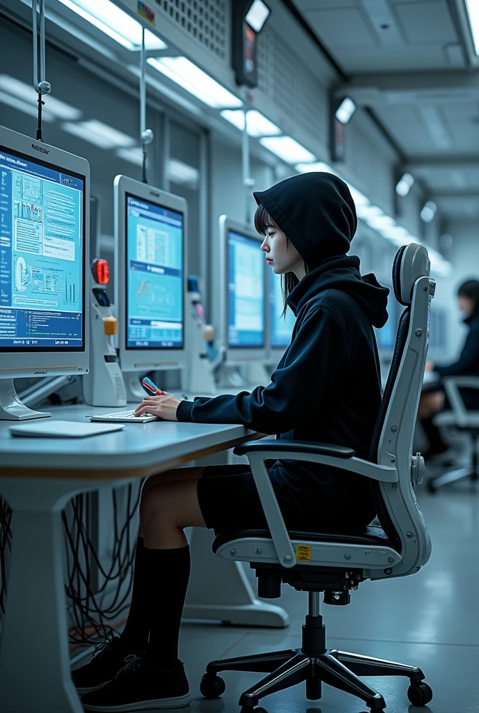 image 1 an Asian girl around 18 she's in a spaceship and she's wearing black long socks,She's studying,there's a black hood connected with many wires to her head and computer to help her learn better,She started learning more,5 computers are running at full capacity to help her learn,there's always a life support system that measures IQ health heart rate indicators,book, and she started studying advanced mathematics and succeeding, and she's solving 1000 problems