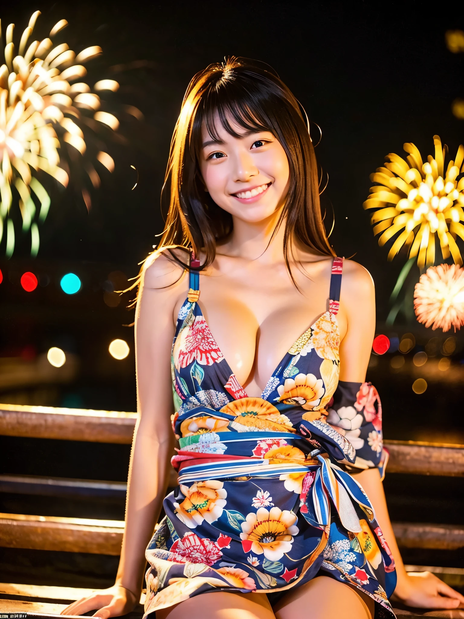 A very cute face like an idol、A 20-year-old woman who looks young、Smiling Kindly、Wearing a yukata、Cleavage、((Thighs are visible))、night、Japan Fireworks Festival、Natural light、(whole body)、High level of artistry