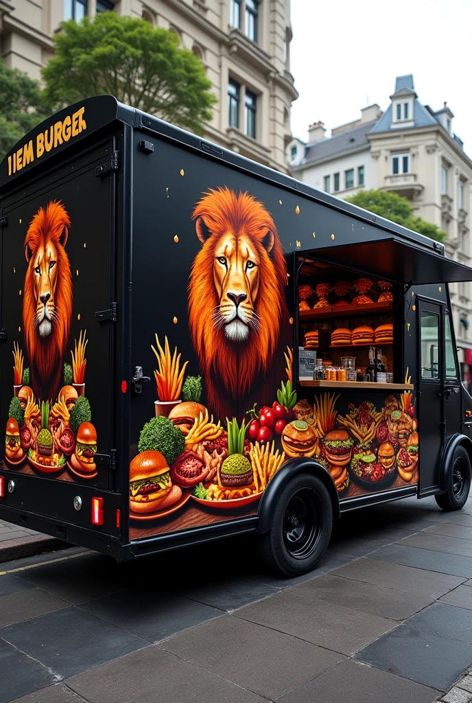 Design a burger truck painted black with a lion in the middle and lots of burgers, fries, and ingredients on the sides.