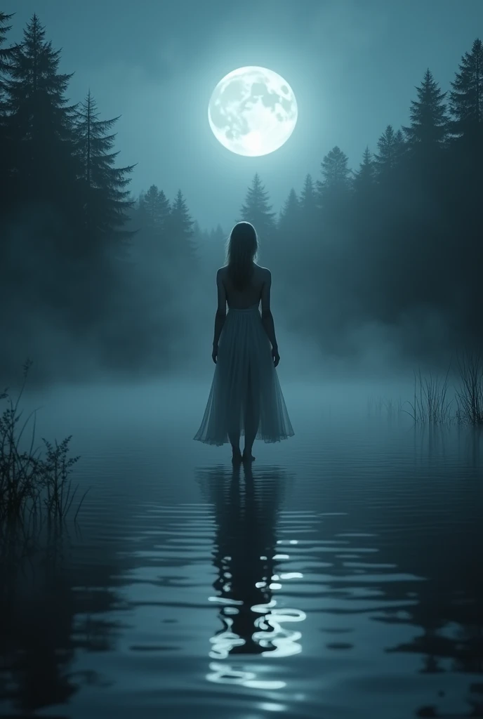 a young beautiful blonde woman in a see-through dress standing on the surface of a misty lake surrounded by a dense forest, radiant in the moonlight, (best quality,8k,highres,masterpiece:1.2),ultra-detailed,(realistic,photorealistic,photo-realistic:1.37),intricate details,dramatic moody lighting,glowing skin,ethereal,dreamlike,dramatic lighting,dramatic atmosphere,night landscape,full moon,moonlight,misty lake,mysterious forest,detailed dress,flowing dress,serene,calm,peaceful