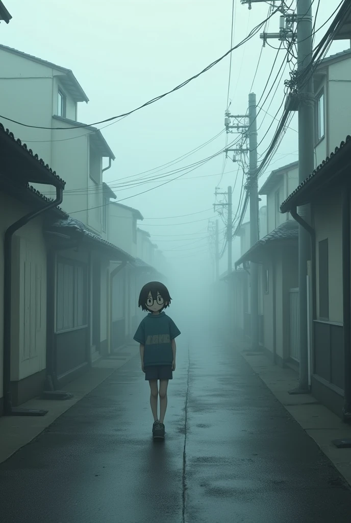 A Japanese residential area shrouded in morning mist、A bug has occurred in a section of the partition wall under construction, and a black hand is reaching out.、Shortcuts_Elementary school student wearing glasses
