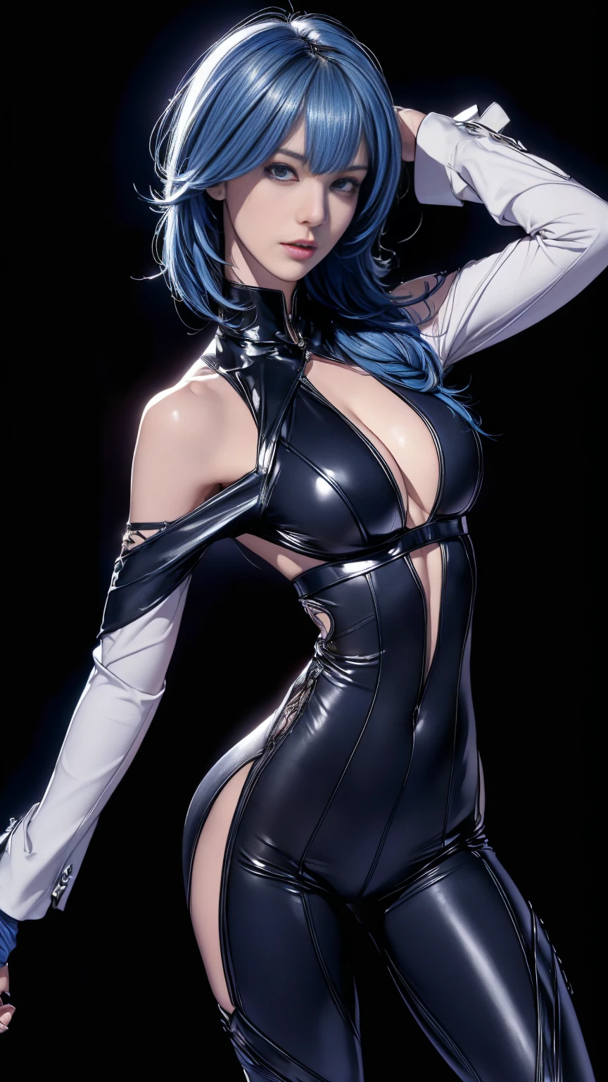 8K, Top Quality, Intricate Details, Ultra Detail, Ultra High Resolution, Masterpiece, selfie, selfie shot (selfie, selfie shot, portrait), ((close up shot, face shot, close up shot, portrait, face shot, passport shot, very close up shot, )), (full body: 1.1), Slender, Smile, (Makeup: 0.4), ((sexy pose,)), (Fluffy blue Eyes: 1.21), (()), 1girl, solo, 1 girl, ((bangs, blue hair, bangs, , bangs )), close up shot, , ((tall)), (((fit body))), (((slim face))), sharp face, ((, wind blow hair, )),skin tight suits, ((,bare shoulder, skin tight suits,) ,skin tight suits, (detailed face), sharp face, small lips, perfect hands, ((walking pose, walk pose)) , ((, ,)), , ((cleavage, ,)),, detailed face, detailed breast,, huge breast , (()), detail ass, Narrow Waist, Skinny, tall , 175 cm tall, Muscular, Navel, Exposed Abdomen, Pointed Chest,, Beautiful girl with accentuated slender abs: 1.4, Six Pack Abs: 1.4, Bust Botox, Big, Perfect Body, detail leg, (( dark background)), black background,