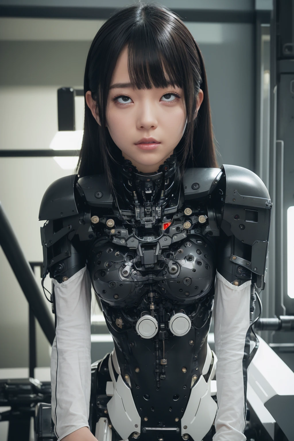 masterpiece, best quality, extremely detailed, (photorealistic:1.4), (RAW photo) (RAW photo) (8K, 4K, Best Quality, hight resolution, 超A high resolution:1.1), (masutepiece, Realistic, Photorealsitic:1.1), 1girl in, Japaese Cyborg girl,Plump , control panels,android,Droid,Mechanical Hand, Robot arms and legs, Black Robot Parts,Black hair,Mechanical body,Blunt bangs,White robotics parts,perfect robot girl,future information counter,reception,long tube,thick cable connected her neck,ceramic body ,mechanical body, ear antenna,mechanical ear cover, loose boots,mechanical costume,android,robot,humanoid,cyborg,information office,japanese android receptionist ,mechanical chest,rolling eyes,dark black tights