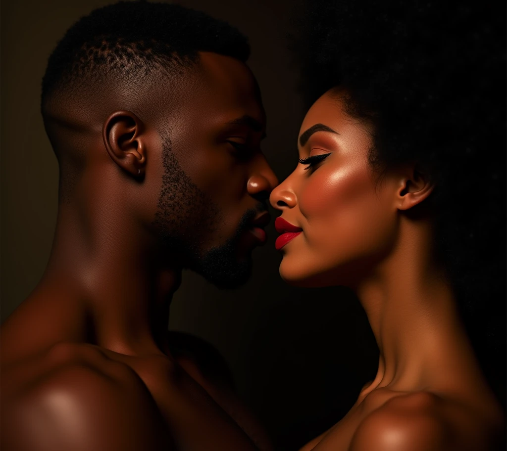 a close-up shot of a handsome black man short haircute and an Afro-Latina woman red lips kissing, their lips close together, cinematic lighting, romantic atmosphere, detailed facial features, beautiful skin tones, chiaroscuro lighting, dramatic shadows, intense eye contact, passionate embrace, high quality, photorealistic, 8k, cinematic, dramatic