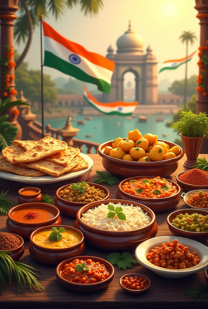 Create a picture independence day India and various Indian food .. mixed the same and create a new video or image