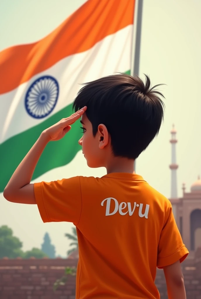 A boy whose t-shirt has Devu written on the back and the colour of his t-shirt is orange, he is saluting the Indian flag but his hand is on his forehead