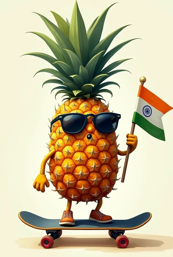 Pineapple on a skateboard wearing a sunglass holding Indian flag style artistic