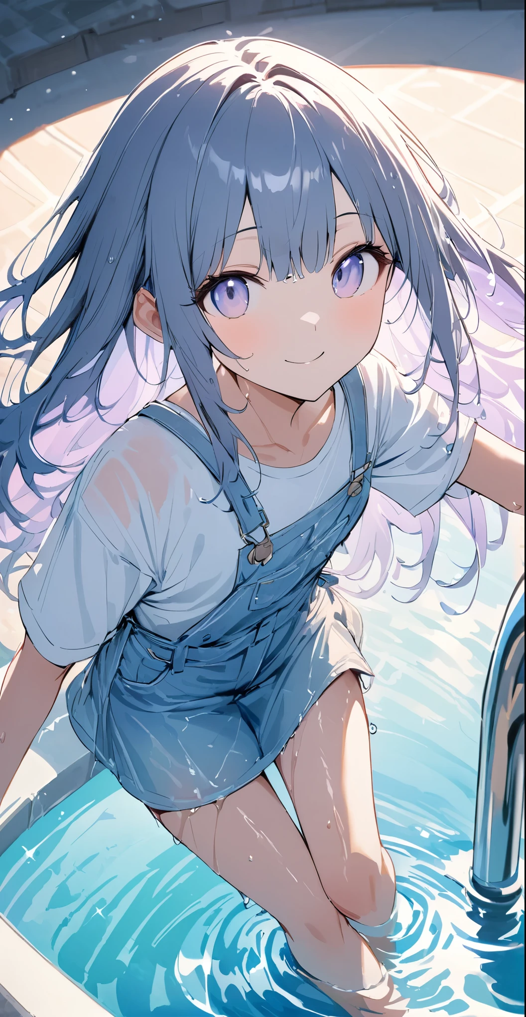 Momoko Sakura style、8k品質, Detailed watercolor art, 水彩splash, Surreal, Avant-garde , ((A large plain white T-shirt is wet.、She is wearing a cute bikini underneath, The T-shirt is wet.))、(Indigo hair color、Straight Hair、Pastel color inner color hairstyle、Hair expressed with a delicate touch), Beautiful Hair, Facial Contour, Remember, splash, Lens flare、sunlight、illumination、Natural Color, High resolution, Very delicate, Very detailed, 8k、Large swimming pool、Wet、smile、View angle from above、Overall angle of view