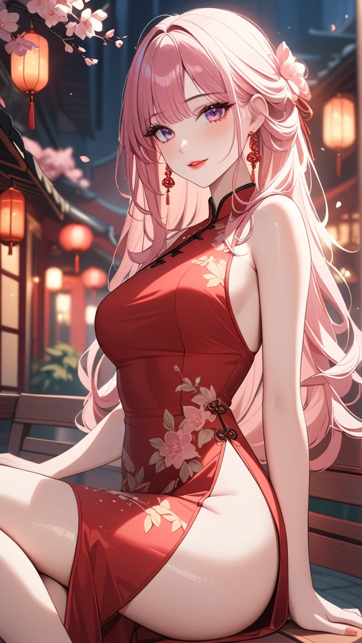 (best quality,4k,8k,highres,masterpiece:1.2),ultra-detailed,red light street,girl,beautiful detailed eyes,beautiful detailed lips,extremely detailed eyes and face, smiling coldly,long messy hair,white with pink flowers detail dress,Chinese style dress,close shot,sexy pose,bench,light particles,romantic ambiance,attractive,provocative,alluring,powerful gaze,vintage vibe,warm color palette,soft focus,gentle lighting