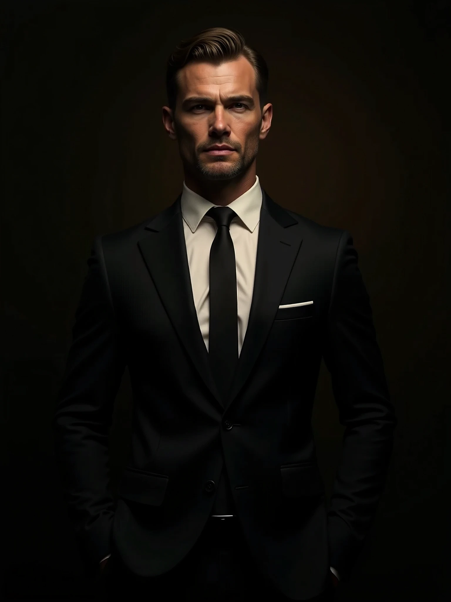 a portrait of a man in black suit