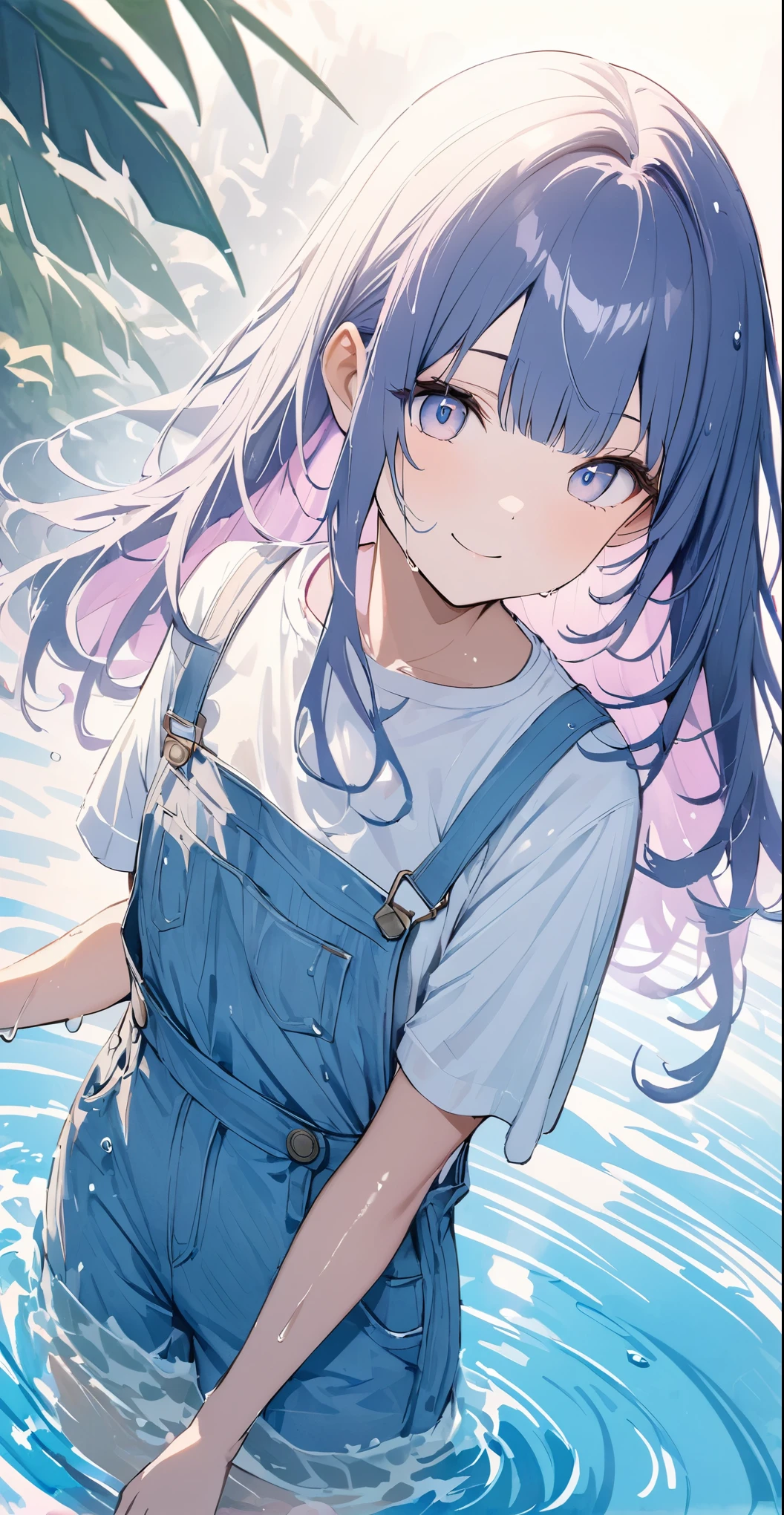 Momoko Sakura style、8k品質, Detailed watercolor art, 水彩splash, Surreal, Avant-garde , ((A large plain white T-shirt is wet.、She is wearing a cute bikini underneath, The T-shirt is wet.))、(Indigo hair color、Straight Hair、Pastel color inner color hairstyle、Hair expressed with a delicate touch), Beautiful Hair, Facial Contour, Remember, splash, Lens flare、sunlight、illumination、Natural Color, High resolution, Very delicate, Very detailed, 8k、Large swimming pool、Wet、smile、View angle from above、Overall angle of view