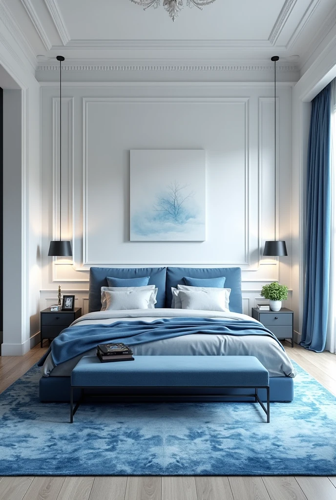 Professional 3d architecture rendering design of modern and Dark blue and white French design for bedroom and light blue Persian silk carpet and white painting wall