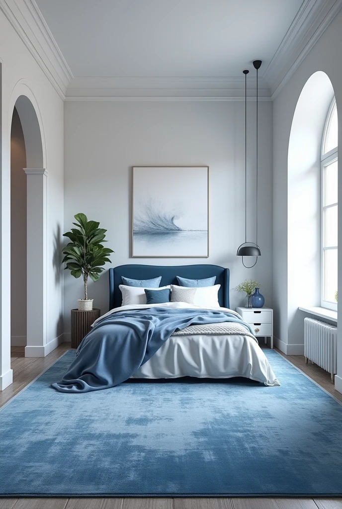 Professional 3d architecture rendering design of modern and   Dark blue  and white  French design for bedroom  and light blue Persian  silk carpet and white painting wall 