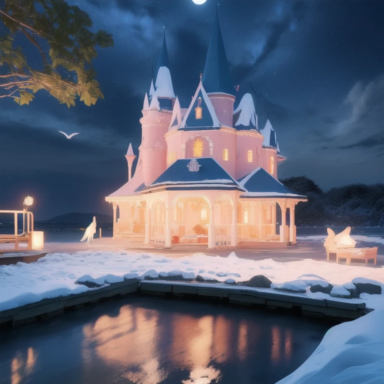 Castle, flowers, delicate scene, sky, White clouds, and the sunshine shines on the snow-white beach. birds, pink flowers and bright big shells, diamond crystal, on the beach, Fantasy, night sky, moon, smoke, fire, Photo, HD, 8 K, uhd, super detail, high quality, 1080P  