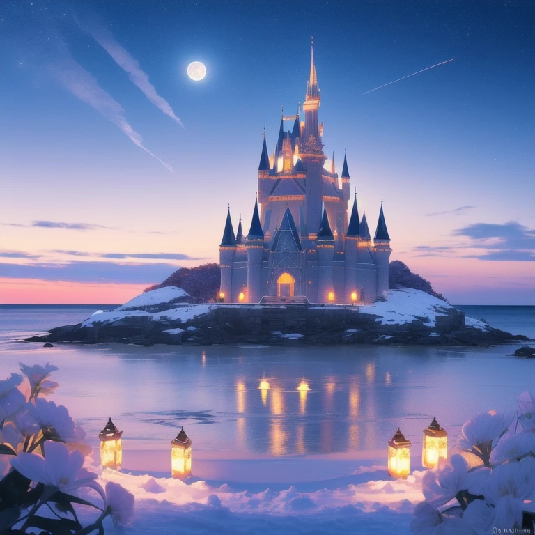 Castle, flowers, delicate scene, sky, White clouds, and the sunshine shines on the snow-white beach. birds, pink flowers and bright big shells, diamond crystal, on the beach, Fantasy, night sky, moon, smoke, fire, Photo, HD, 8 K, uhd, super detail, high quality, 1080P  