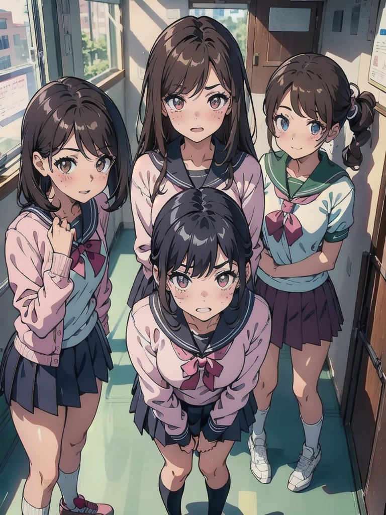 {{10th generation women, White}}, View your viewers, Hazel Eyes, Very detailed, Brown Hair, Pink clothes, Bully, Mean Girls, Tough, high school girl, Bruises, scar, Happy, 最high quality, high quality, Very detailed anime screencap, whole body