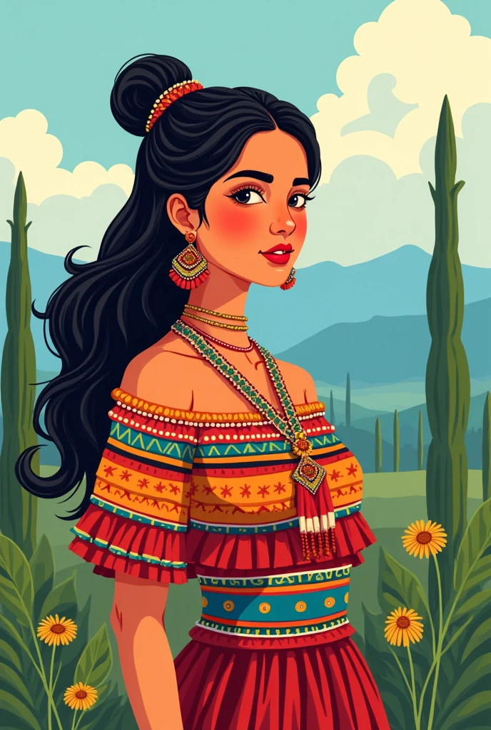 simple popular illustration of a young Guatemalan woman wearing Guatemalan clothing cut,huipil and faja walking sideways if it's the clothing of Tecpan Guatemala better and that it shows that she is wearing jewelry