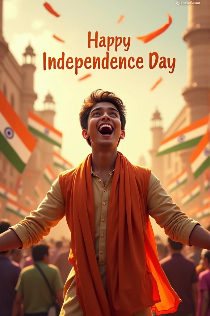 
1. A real 20-year-old boy joyfully celebrates Indian Independence Day. He is wearing traditional Indian outfits with the name "Manish" written on his attire. Above him, in the sky, the words "Happy Independence Day" are displayed in a bold font. The backdrop is filled with people celebrating, enhancing the festive and patriotic spirit of the day.