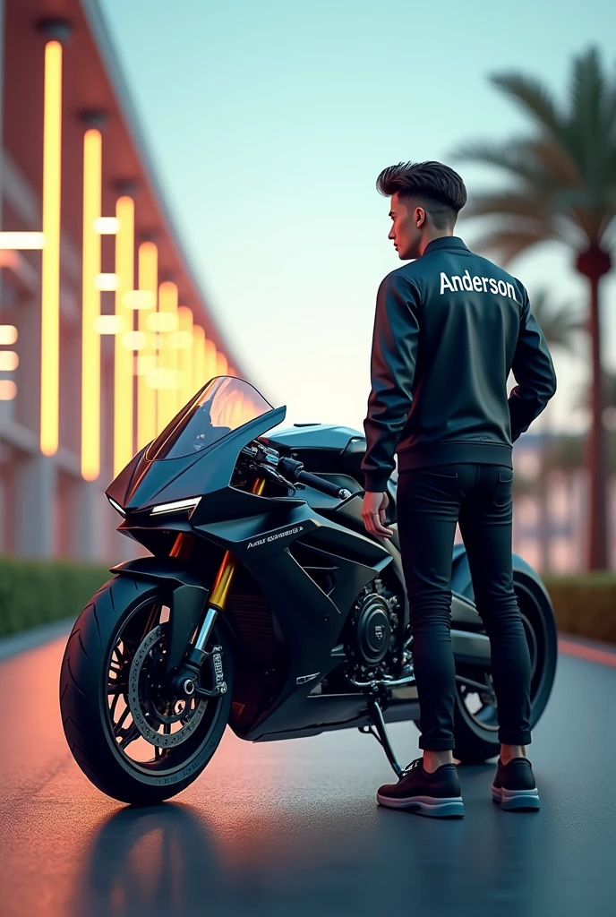 I want you to create an image with an attractive background and a high-end motorcycle appears, I want to see the whole motorcycle with a young man standing looking at the motorcycle, wherever the young man's back is looked at and on his back is written anderson