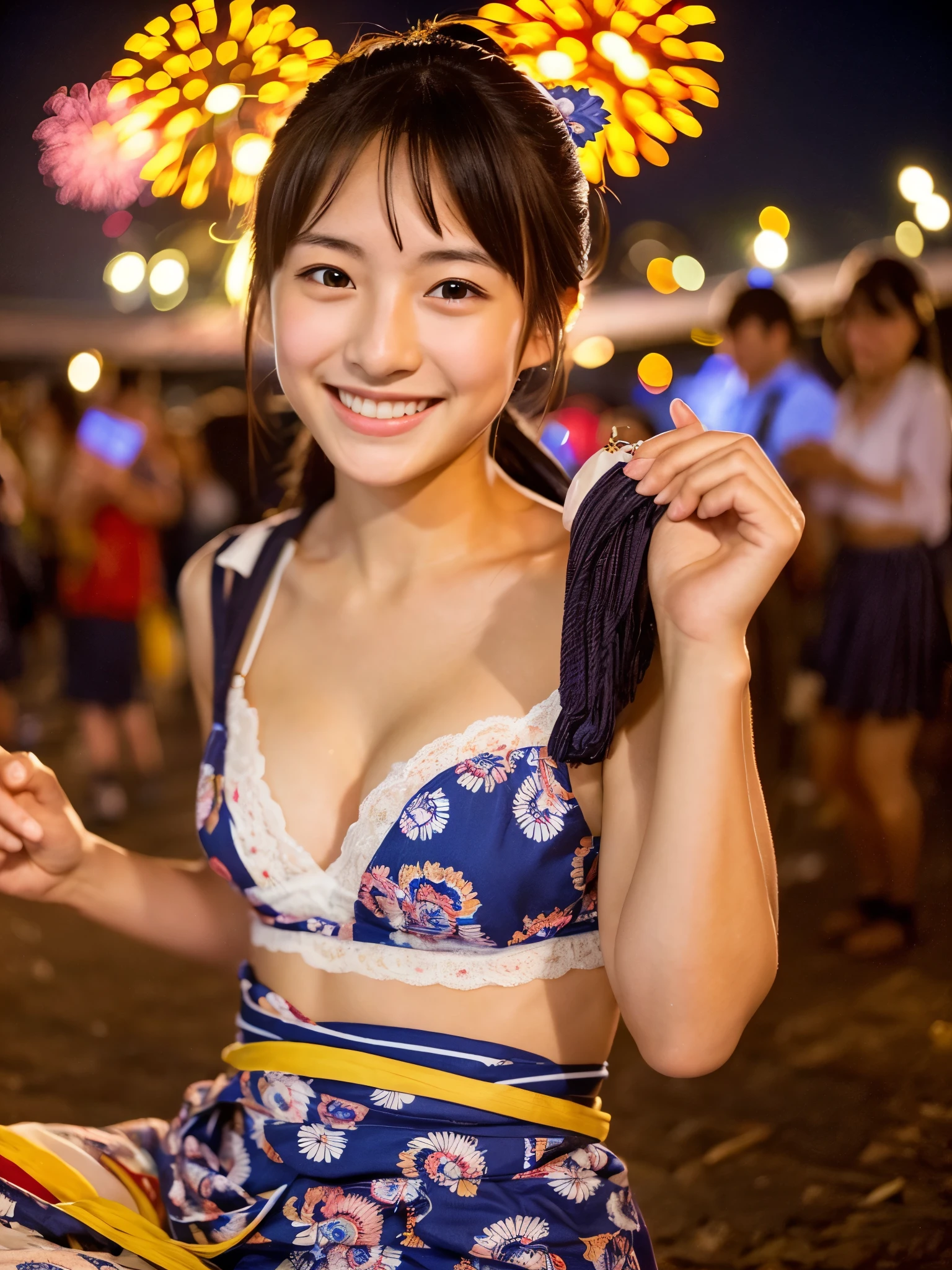 A very cute face like an idol、A 20-year-old woman who looks young、Smiling Kindly、Wearing a yukata、Cleavage、((Thighs are visible))、night、Japan Fireworks Festival、Natural light、(whole body)、High level of artistry