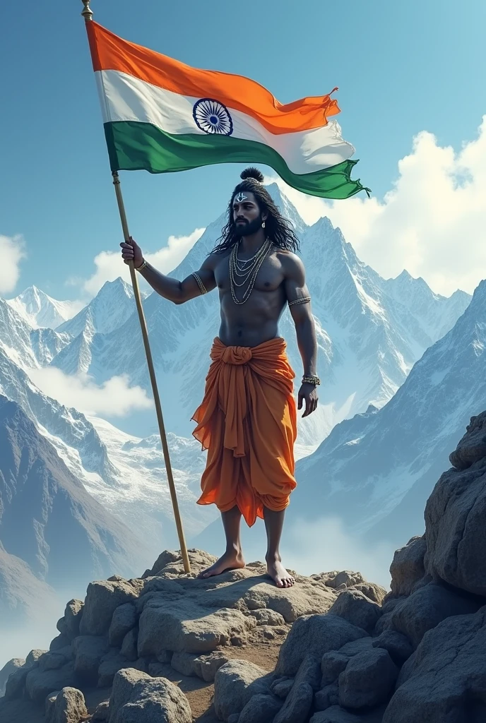 bhole baba with me flagging indian flag in himalaya 