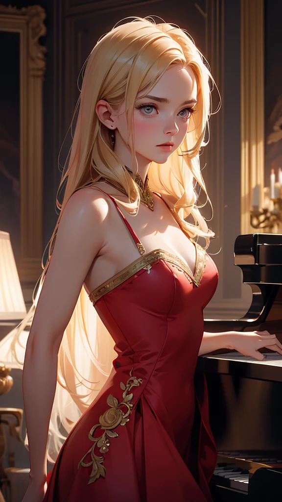 hyper realistic image of the highest quality, the perfect masterpiece, perfect work of art, 8k, a beautiful young woman in a red dress, dress with a low neckline, blonde hair, upturned nose, is playing the piano on a bright stage, realistic oil painting, detailed face, detailed hands, chiaroscuro lighting, dramatic lighting, warm color tones, muted colors, elegant, cinematic, intricate details, photorealistic, 8k, high resolution, best quality, masterpiece, annie leibovitz style photography, ilya kuvshinov style, soft light, studio light, (intricate details), majestic, aesthetic