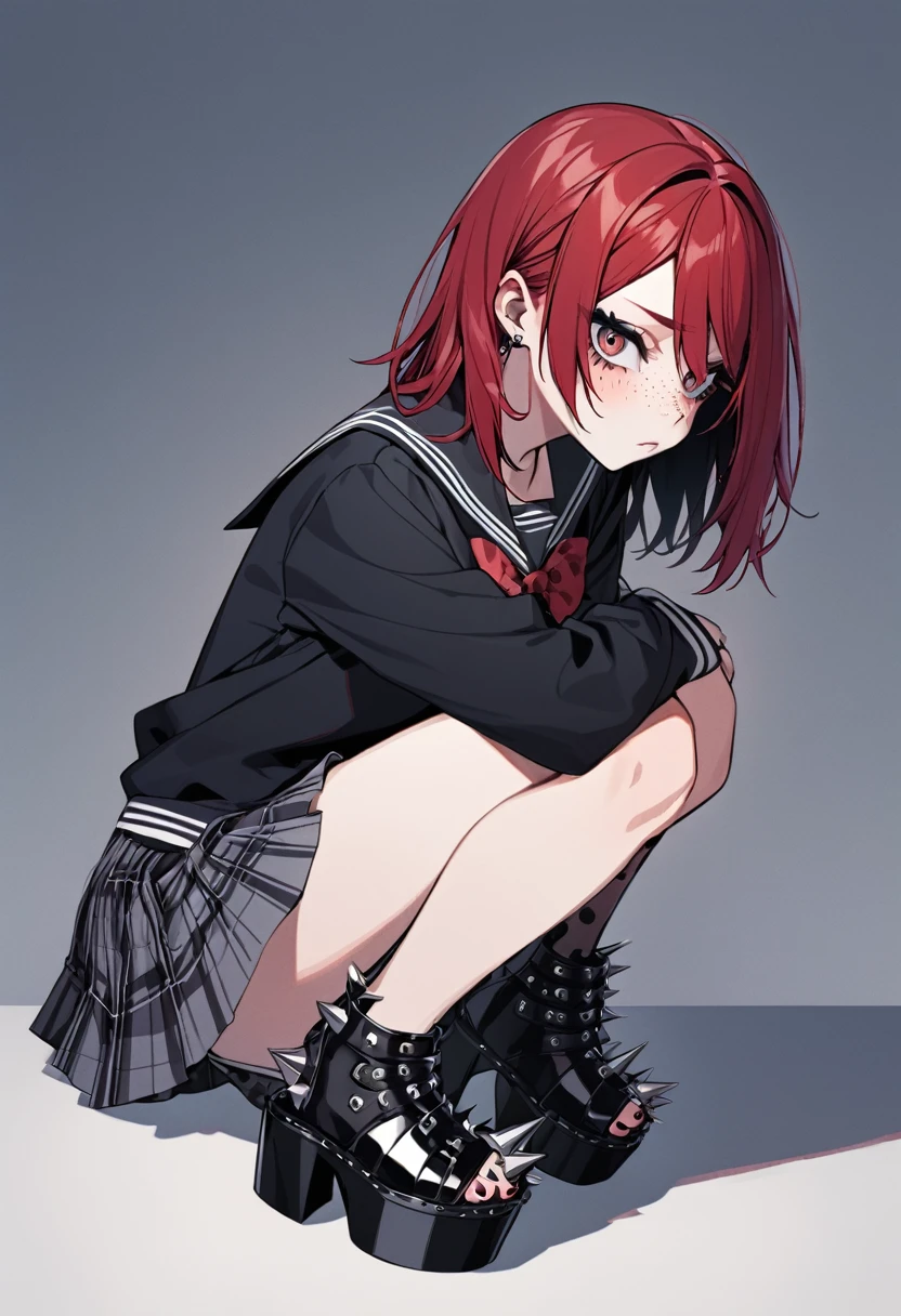 Emo girl, redhead, school uniform, spiked open-toe platform high heels, freckles 