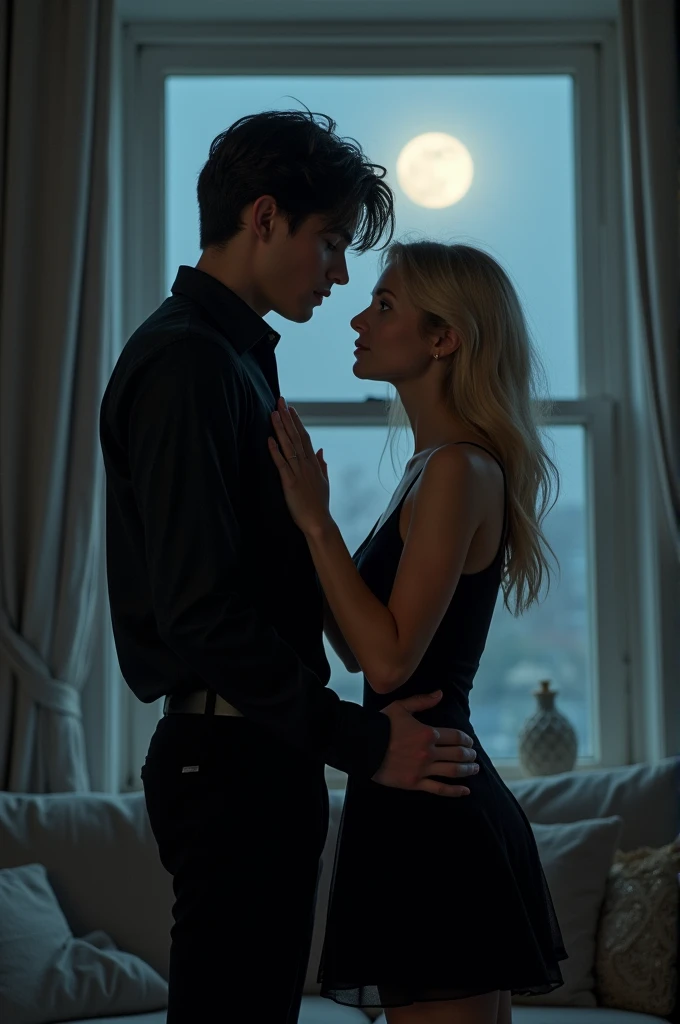 couple, the boy is tall, black hair, well-built, He's dressed in a black dress shirt and black dress pants; the girl is short, blonde, Long hair, of medium build, She's wearing a black dress above her knees; they are in a room under the moonlight coming in through the window, He with his hands on his waist and she with hers on her chest