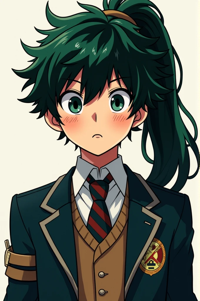 My Hero Academia wallpaper background, AU suit, boy with freckles. Right eye black and left eye green, Messy hair in the front and long hair tied back in a ponytail that reaches just below the shoulders
